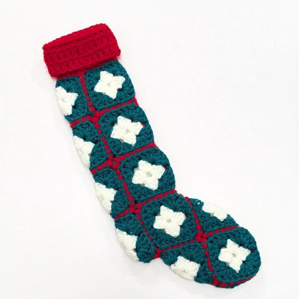 Vintage Granny Square Christmas Stocking Handmade Crochet Red Green White Yarn